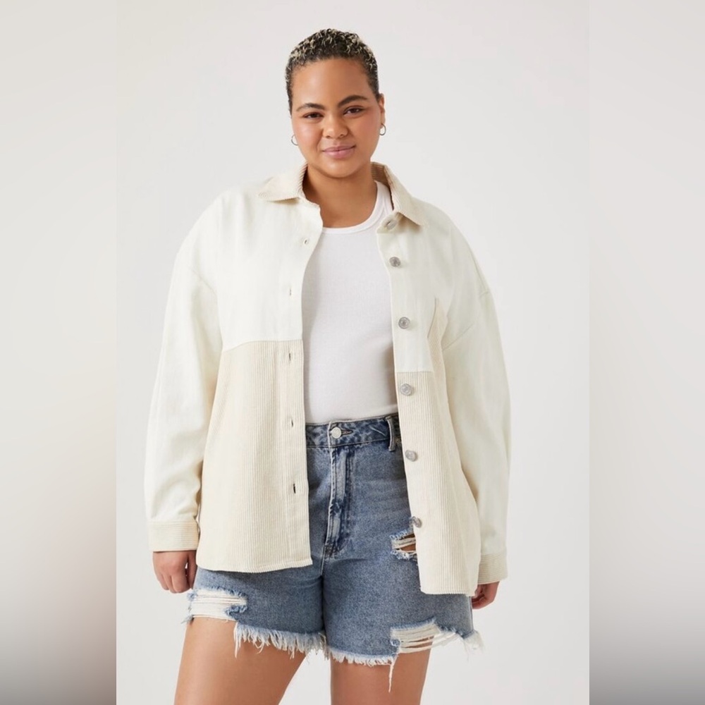 Women’s Corduroy Colorblock Shacket Jacket Plus Size 0X color Vanilla Cream NWT